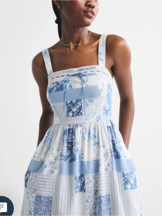 Abercrombie Emerson Midi Dress - White and Blue Patchwork - Picture 2 of 3